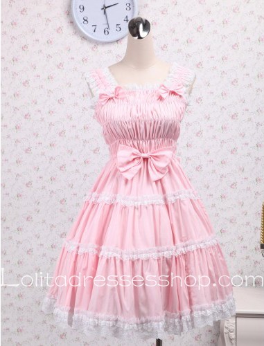 Lolita Elastic Pink Laced Trim Ruffles Bow Straps Sweet Dress