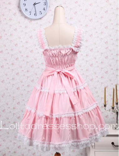 Lolita Elastic Pink Laced Trim Ruffles Bow Straps Sweet Dress