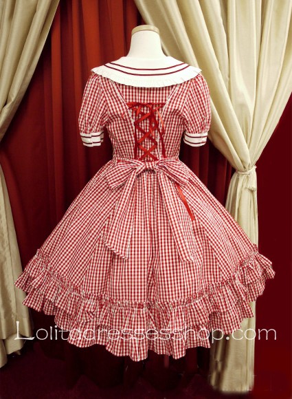 Red Lattice Doll Collar Short Sleeves Bow Sweet Lolita Dress