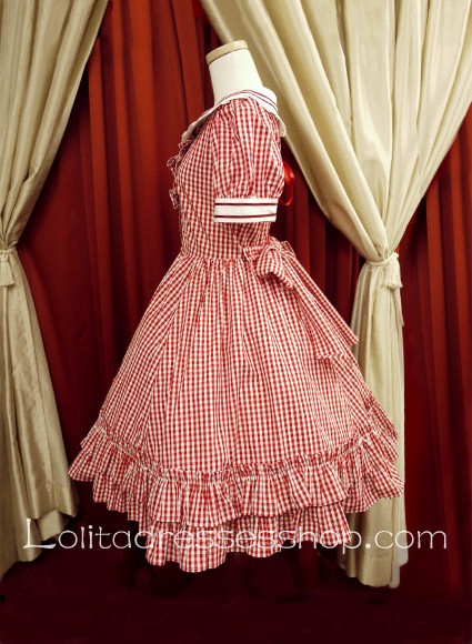 Red Lattice Doll Collar Short Sleeves Bow Sweet Lolita Dress