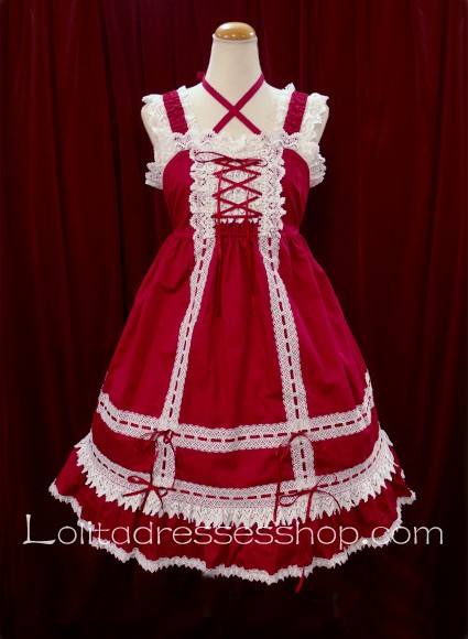 Red Cotton White Lace Trim Sleeveless Square Neck Sweet Lolita Dress