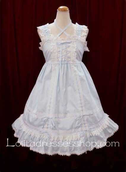 Ligth Blue Cotton White Lace Trim Sleeveless Square Neck Sweet Lolita Dress