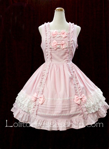Pink Cotton Square Neck Bow Princess Sweet Lolita Dress