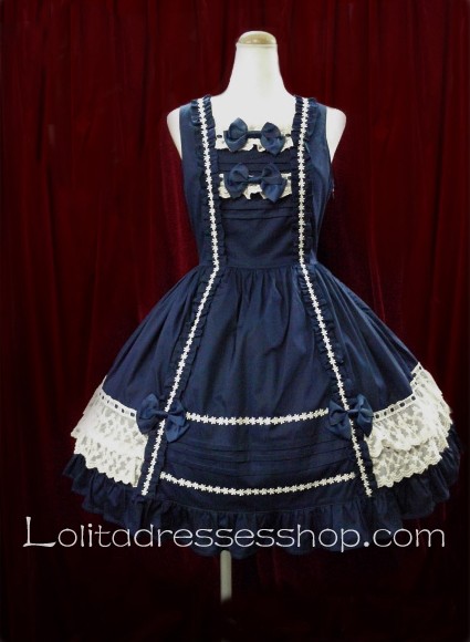 Blue Cotton Square Neck Bow Princess Sweet Lolita Dress
