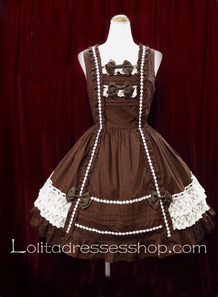 Coffee Cotton Square Neck Bow Princess Sweet Lolita Dress
