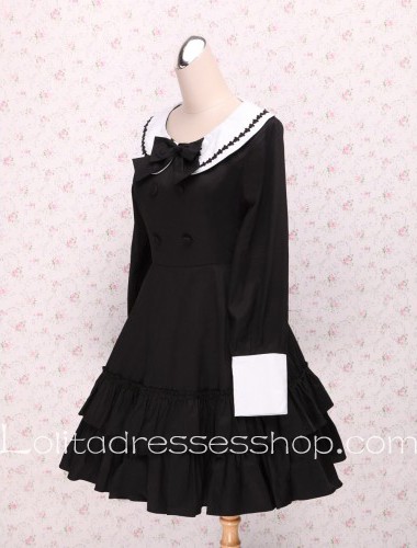 Round Neck Black Bow Pleated Hem Long Sleeve School Sailor Lolita Dress