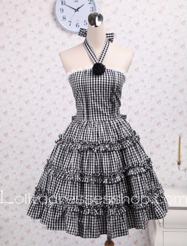 Black Lattice Straps Sleeveless White Gingham Sailor Lolita Dress