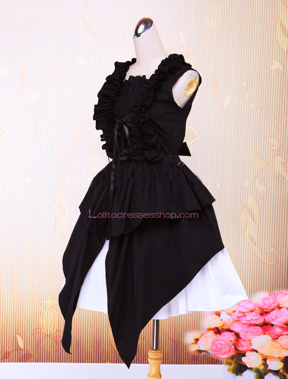 Black and White Cotton Round Neck Sleeveless Splicing Gothic Lolita Dress