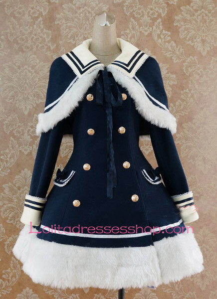 Navy blue Wool Blended Cap Shoulder Long Sleeves Wool Trim Lolita Coat