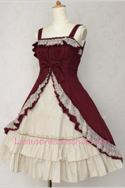Splicing Dark Red and Light Gray Cotton Straps Sleeveless Sweet Lolita Dress