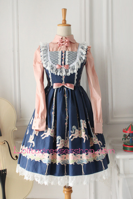 Fairy Tales Princess Blue Cotton Stand Collar Pink Lace Trim Sweet Lolita Dress