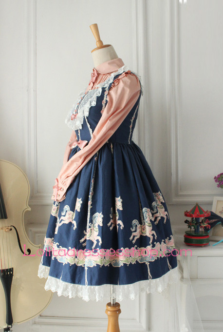 Fairy Tales Princess Blue Cotton Stand Collar Pink Lace Trim Sweet Lolita Dress