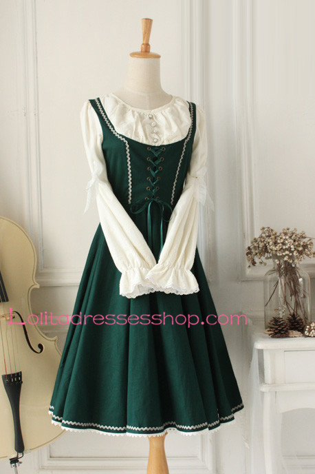 Dark Green Cotton Round Neck Splicing Classic Lolita Dress