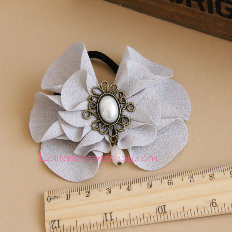 Lolita Headdress Grey Big Flower with Pearls Hair Rope