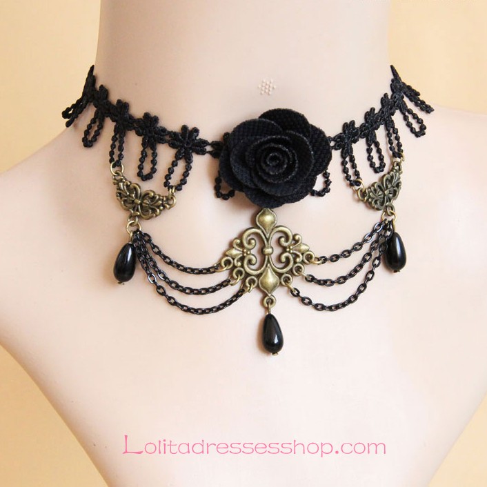 Vampire Black Lace Pearls and Flower Lolita Necklace