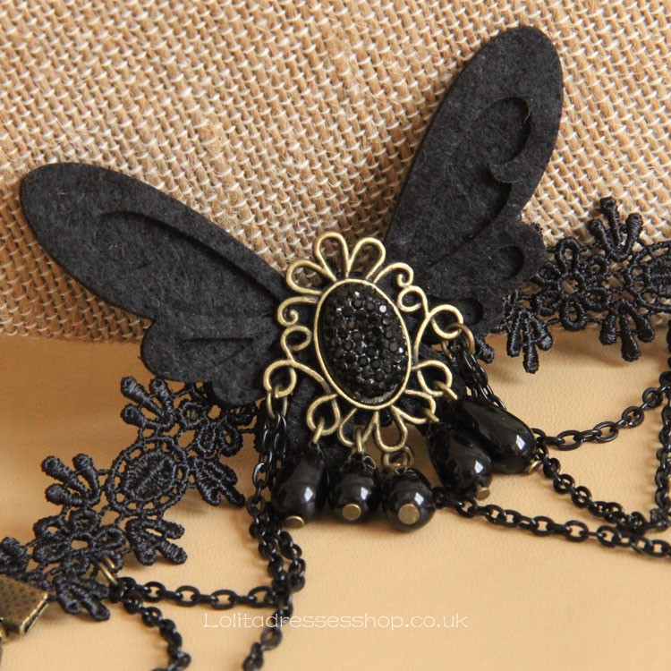 Vintage Black Lace and Metal Chain with Butterfly Lolita Bracelet