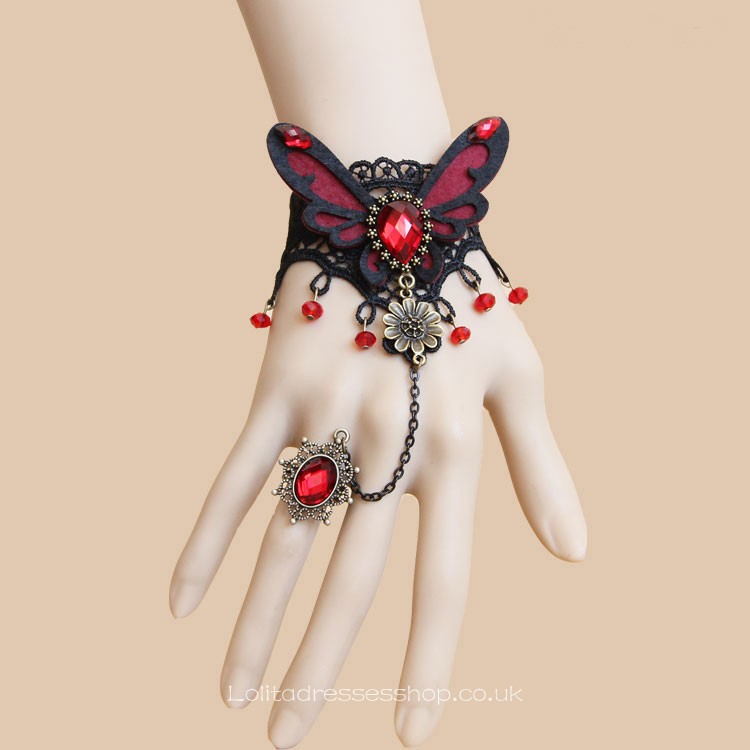 Black Lace Red Butterfly and Crystal Lolita Bracelet