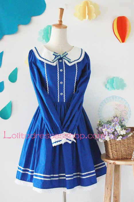 Blue Cotton Navy Collar Long Sleeves Bow Sailor Lolita Dress