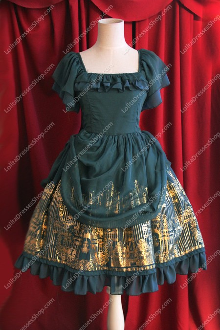 Oil Green Cotton Sweet Square Neck Short Sleeves Flouncing with Floral Lolita Dress