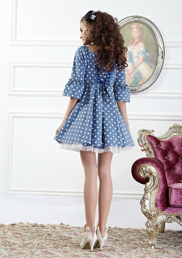 Blue Round Collar Short Sleeves Wave Point Fashion Lolita Dress