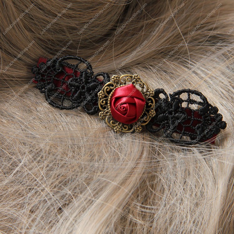 Vampire Black Lace Red Flowers Lolita Headdress Barrette