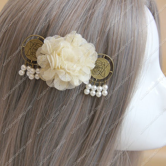 Beige Flower Tassels Pearl Lolita Headdress Barrette