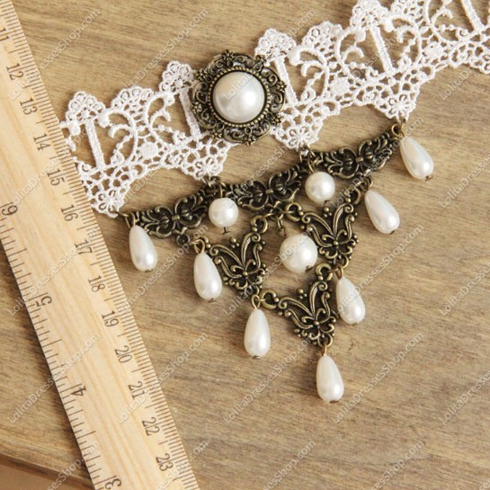 White Lace with Bronze Accessories Pearls Lolita Necklace