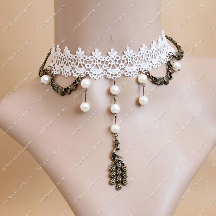 Pearl Weave Peacock White Lace Bridal Gown Fashion Lolita Necklace
