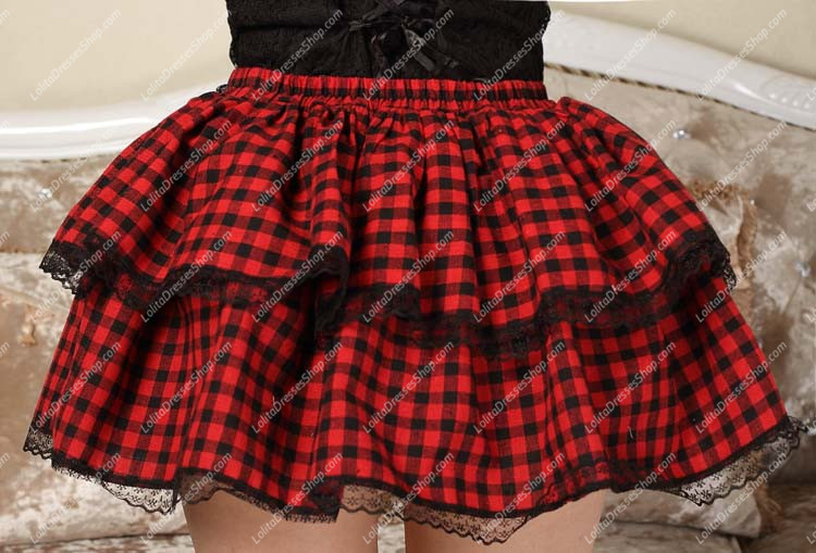 School Style Black and Red Lattice Lolita Skirt