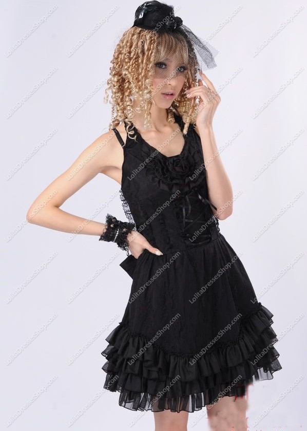 Black Lace Straps Sleeveless Flouncing Punk Lolita Dress