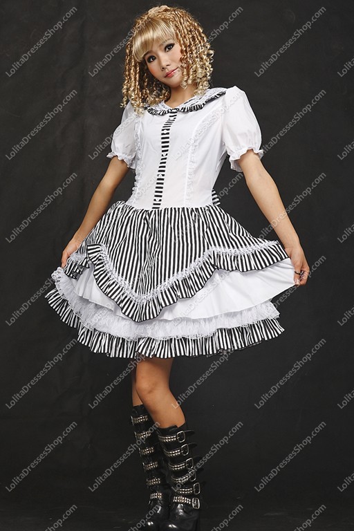 Elegant Black and White Stripe Sets Punk Lolita Dress