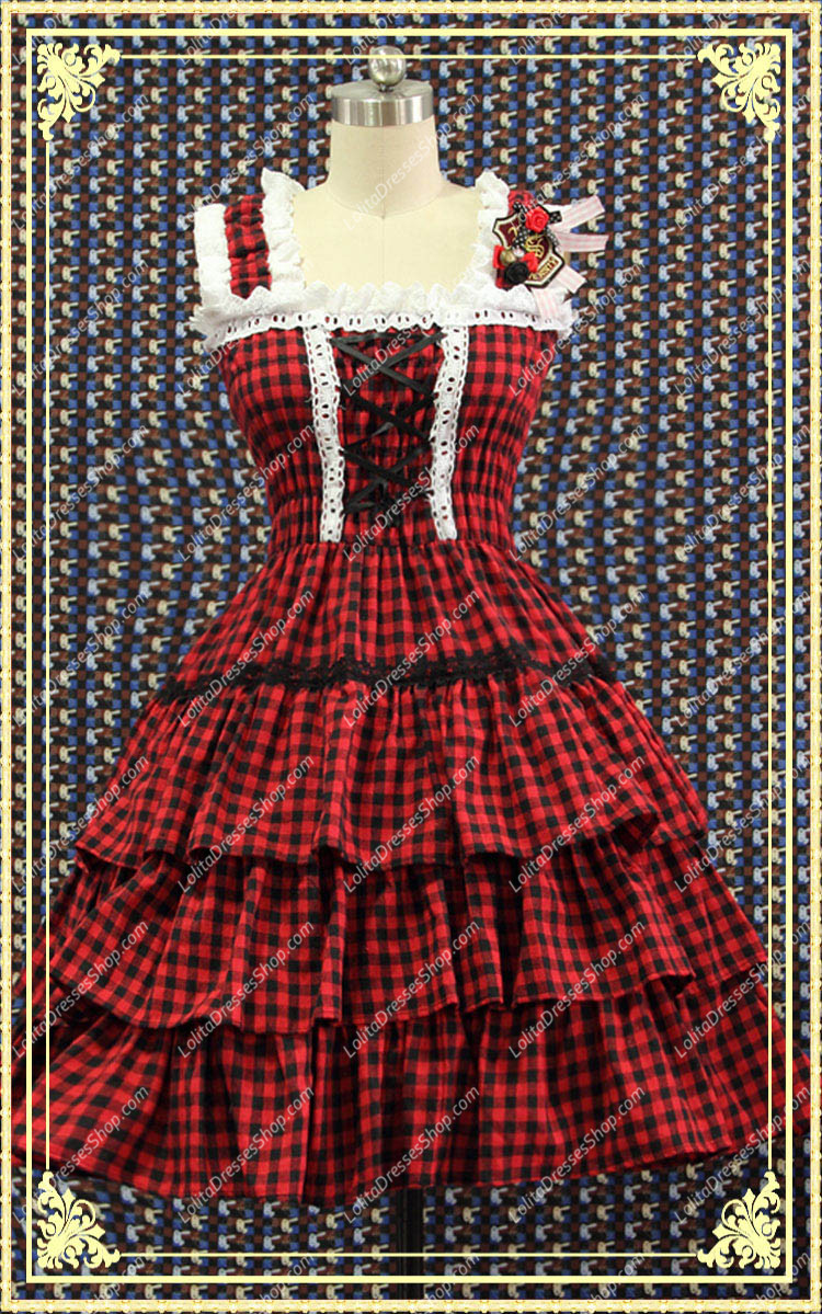 College Style Red and Black Lattice Multilayer Sweet Lolita Dress