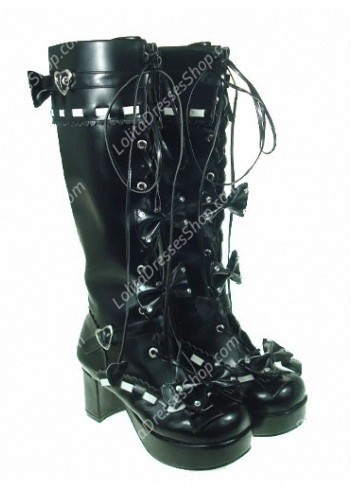 Black Strappy Bowknots Heart-Shaped PU Gothic Lolita Boots