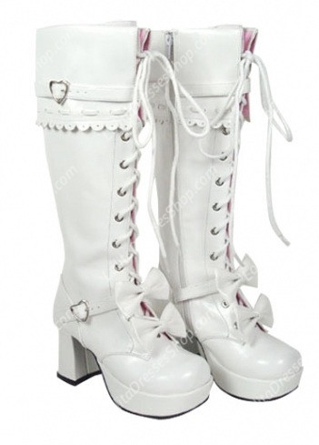 White Strappy Bowknots Heart-Shaped PU Gothic Lolita Boots
