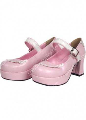 Cute Pink PU and White Lace Lolita Shoes