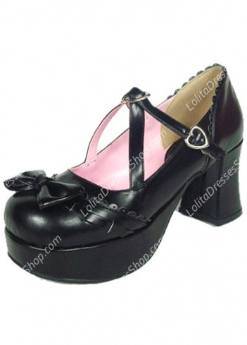 Elegant Cute PU Black Ladies Bow Lolita Shoes