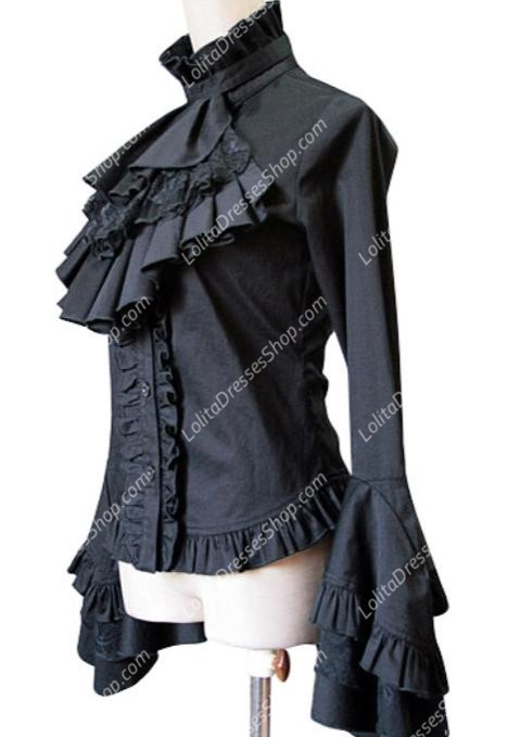 Black Gothic Lace Trumpet Sleeves Flounced Collar Slim Lolita Blouse