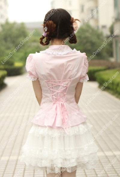 Small Fresh Pink Cotton Lapel Lace Trim Lolita Blouse