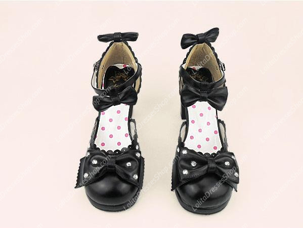 Black Sweet Princess Bowknot Rhinestone PU Lolita Shoes