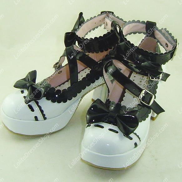 White with Black Lace High Heel PU Sweet Lolita Shoes