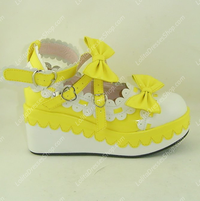 Yellow and White Cute Bowknot and Lace PU Sweet Lolita Shoes