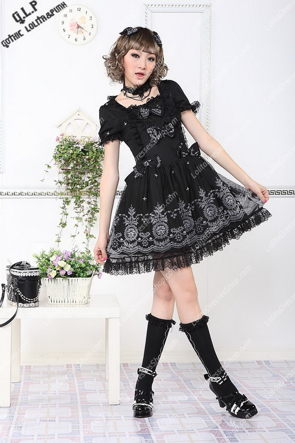 Black Cotton Round Neck Short Sleeves Unique printing Punk Lolita Dress