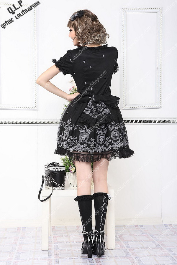 Black Cotton Round Neck Short Sleeves Unique printing Punk Lolita Dress