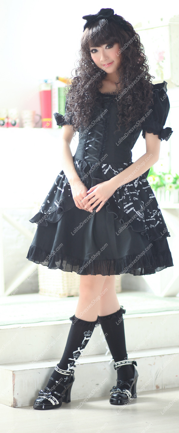 Plain Black Music Note Print Princess Punk Lolita Dress