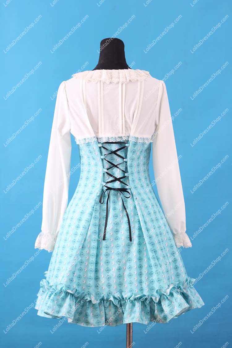Sweet Blue Round Neck Ruffles Bow Lace Long Sleeve Lolita Dress