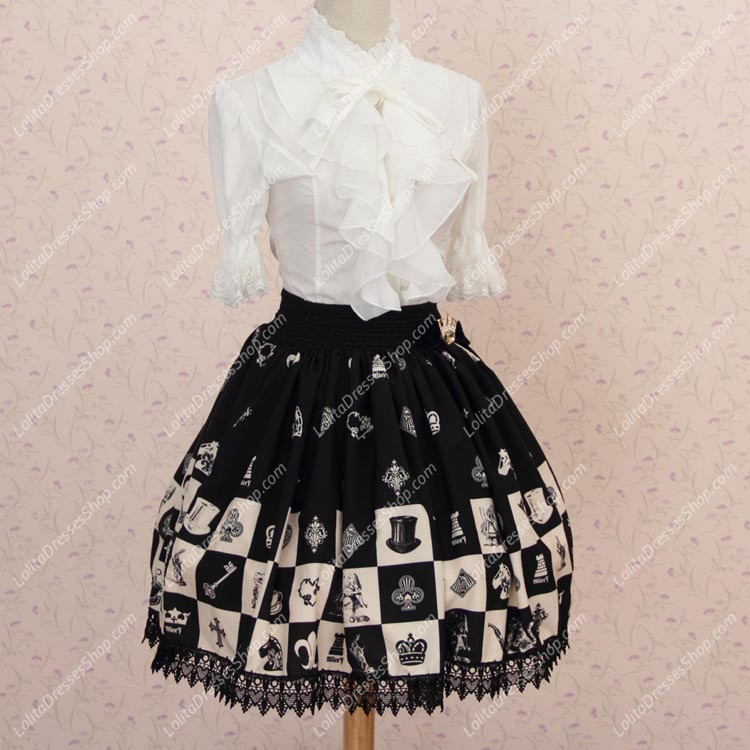 Lovely Girls Alice Chess Black Lattice Printing Lolita Skirt