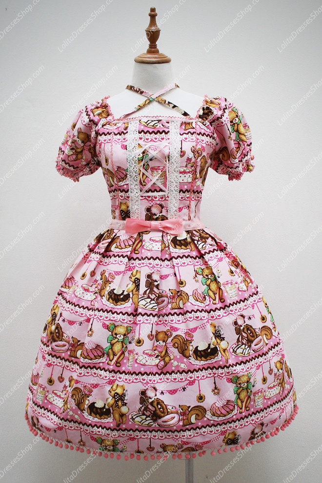 Pink Cotton Square Neck Short Sleeves Bear Printing Sweet Lolita Dress