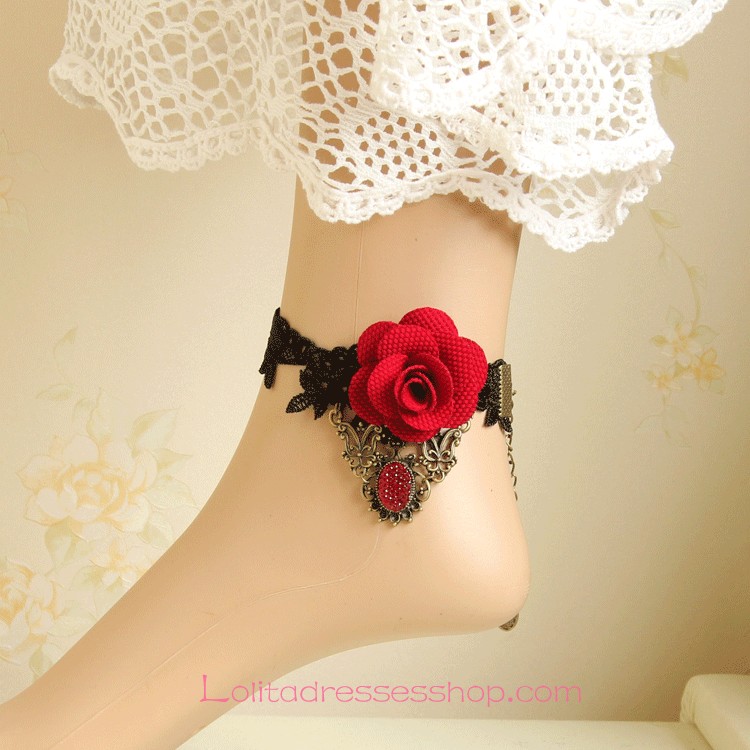 Lolita Gothic Style Red Rose Lace Gemstone Foot Jewelry