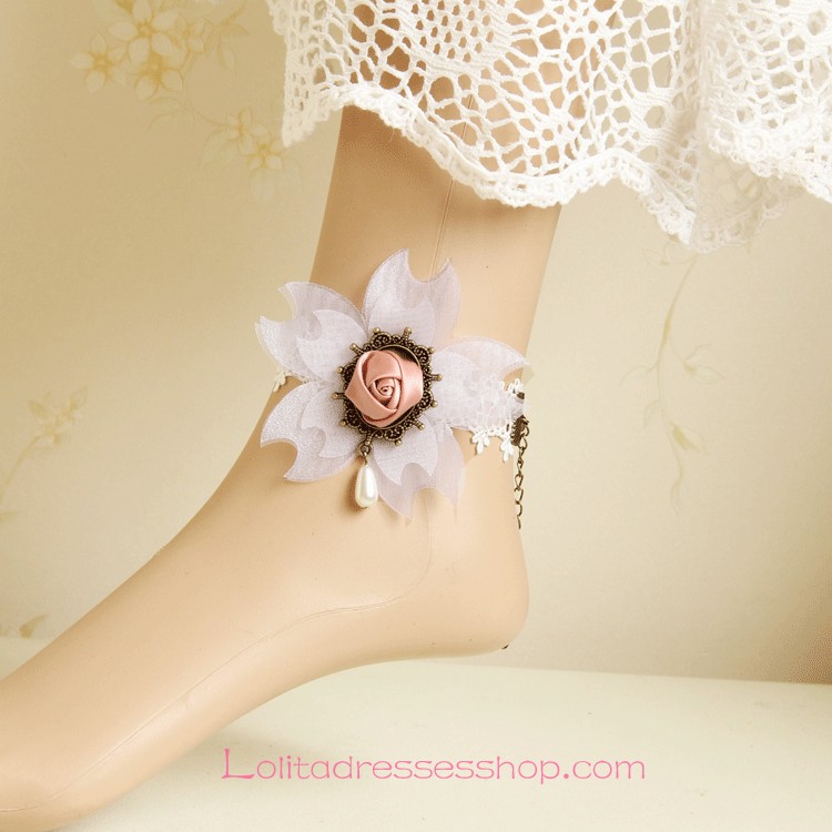 Lolita Cherry Rose Pearl White Lace Foot Jewelry