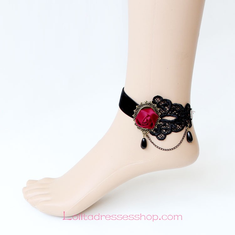 Lolita Gothic Lace Velvet Ribbon Rose Pearl Chain Fashion Foot Jewelry